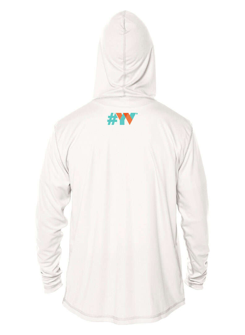 Sun Shirt with #YV logo on back, white long-sleeve UV protection clothing.