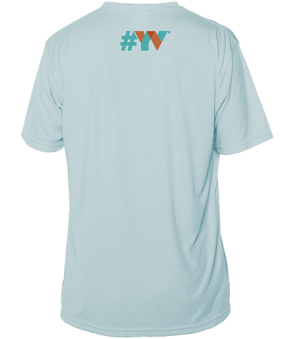 Light blue Key West Sun Shirts T-shirt with hashtag and logo on back.