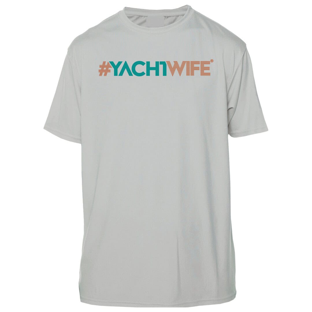 Yacht Wife UPF 50+ short sleeve sun shirt in pearl grey for sun protection.