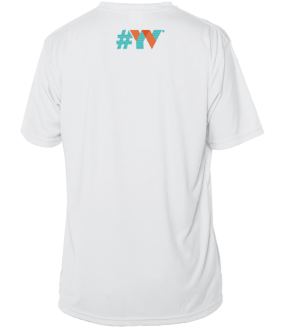 The back of a white UV shirt with the word YV on it.