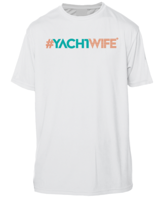 A white rash guard shirt with the word yachtwife on it.