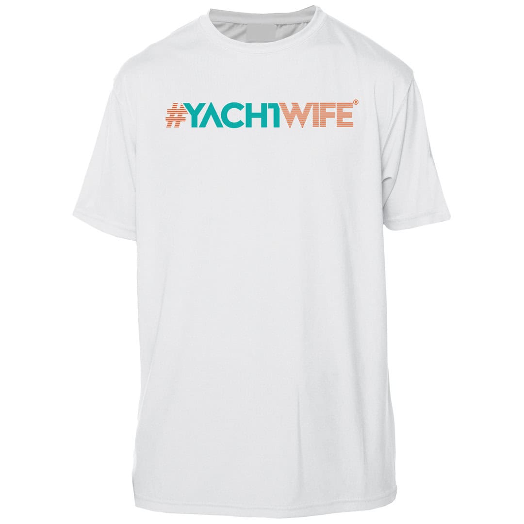 White yacht wife sun shirt with UPF 50+ protection, perfect for boating and outdoor activities.