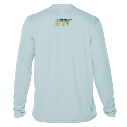 A light blue long-sleeve rash guard with a rainbow logo on the front.