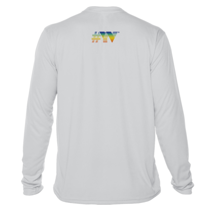 A white long-sleeve rash guard with a rainbow logo on it.