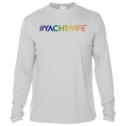 A white rash guard with the word yachtwife on it.
