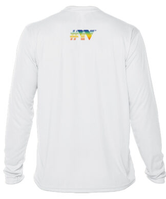 White long sleeve shirt with colorful #KW logo on back for sun protection.