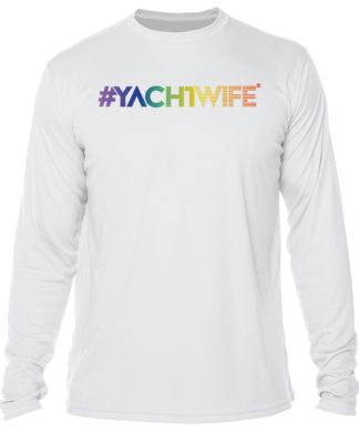 A sun protective swim shirt or rash guard with the word yachtwife on it.