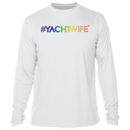 A sun protective swim shirt or rash guard with the word yachtwife on it.