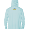 A light blue hoodie with a logo on the front that provides sun protection.