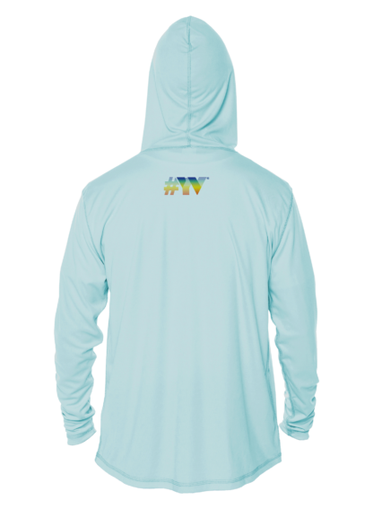 A light blue hoodie with a logo on the front that provides sun protection.