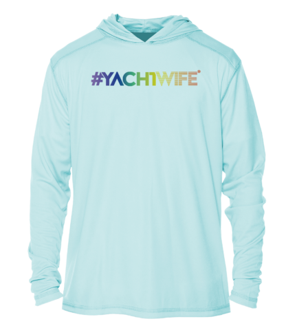 A light blue hoodie with sun protective clothing and the word yachtwife on it.