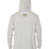The back of a white hoodie with a colorful logo, perfect for sun protective clothing.