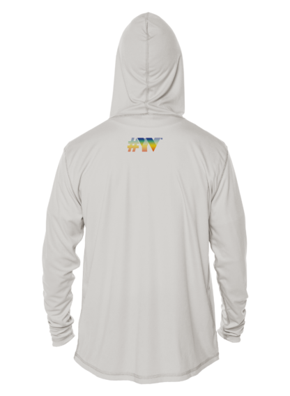The back of a white hoodie with a colorful logo, perfect for sun protective clothing.