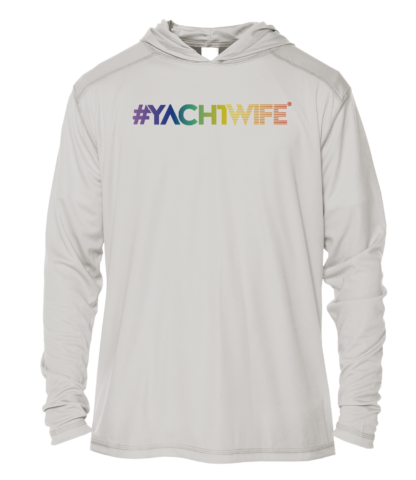 A white uv shirt with the word yachtwife on it.