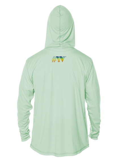 A men's green hoodie with a yellow logo on the front, suitable as a sun shirt or rash guard.