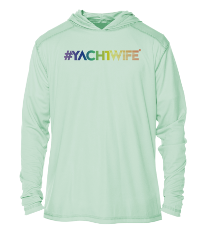 A sun protective hoodie with the word yachtwife on it.