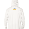 The back of a white hoodie with a rainbow logo on it, serving as colorful sun protective clothing.