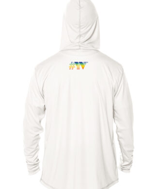 Hooded sun protection shirt with #KW logo for outdoor activities.