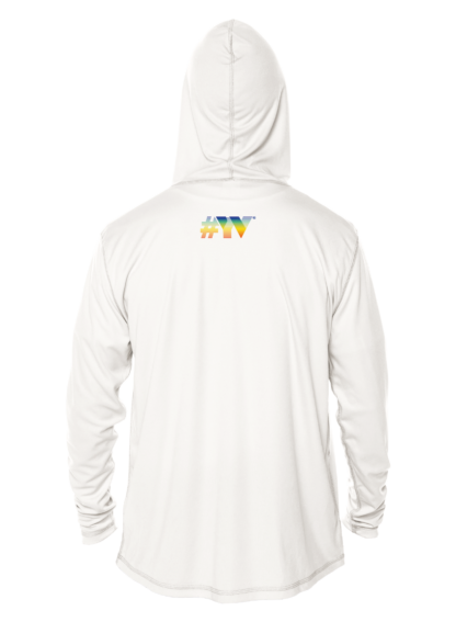 The back of a white hoodie with a rainbow logo on it, serving as colorful sun protective clothing.