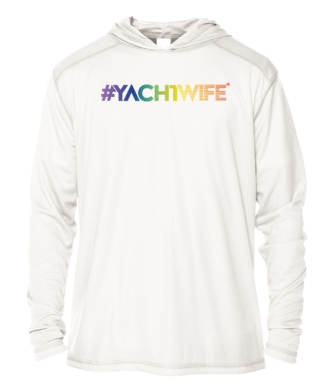 A white hoodie with the word vachtwife and uv shirt on it.
