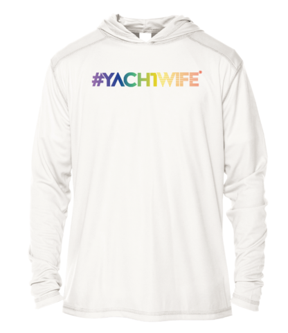 A white hoodie with the word vachtwife and uv shirt on it.