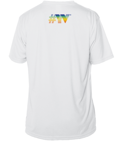A white rash guard with a rainbow logo on it.