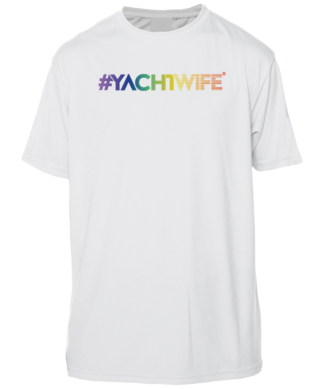 A white UV shirt with the word yachtwife on it.