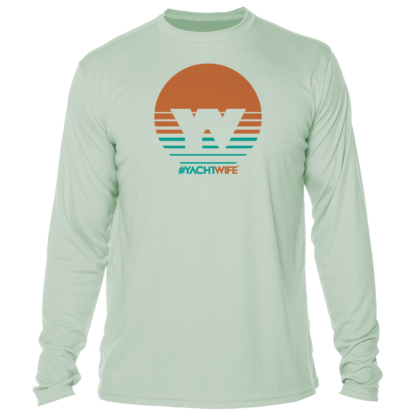 A long-sleeved UV shirt with an orange and turquoise sunset.
