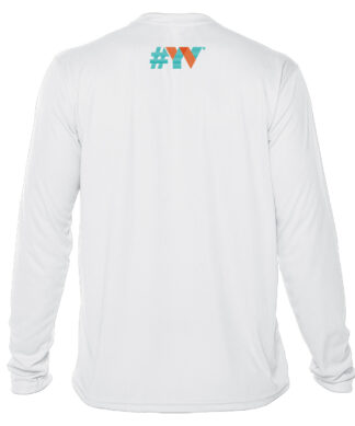 White long-sleeve shirt with "#YV" logo on back, perfect for sun protection.