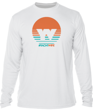 A white long-sleeve swim shirt with an orange and white sunset.