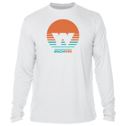 A white long-sleeve swim shirt with an orange and white sunset.