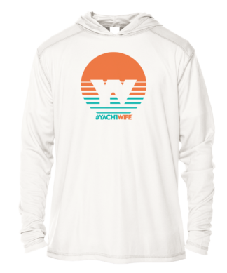 A white hoodie with an orange and white sun protective design.