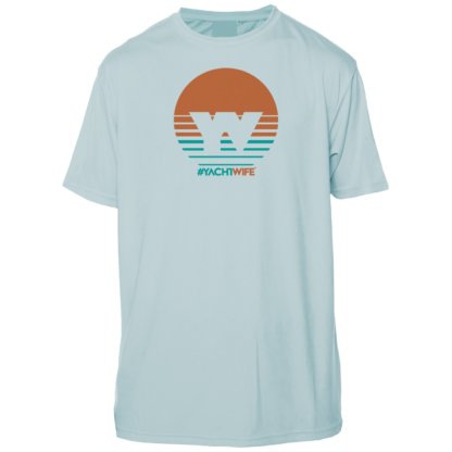 A blue t-shirt with an orange sun on it.