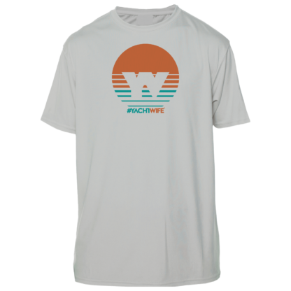 A sun shirt with an orange and blue sun on it.