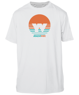 A sun shirt with an orange and blue sun on it.
