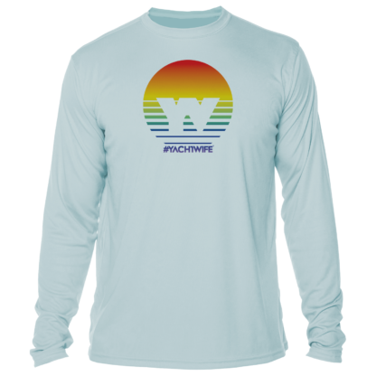 A long-sleeve sun shirt with an image of a sunset.
