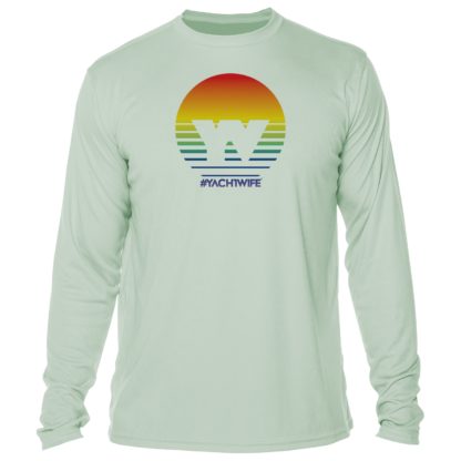 A long-sleeved sun shirt with an image of a sunset.