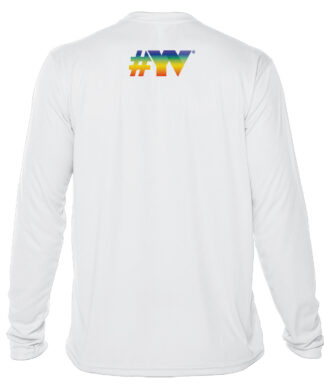 A white long-sleeve t-shirt with a rainbow logo on it, ideal as a UV shirt or sun shirt.