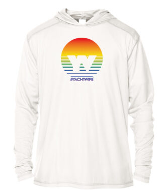 Yacht Wife #YachtWife Sunset Pride UPF 50+ Hoodie in white with colorful sunset logo.