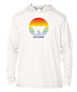 A white hoodie with an image of a sunset, perfect as a sun shirt.