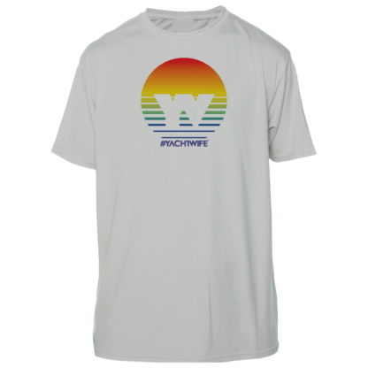 A white sun shirt with an image of a sunset.