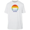 White sun shirt with sunset and yacht wife logo, UPF 50+ protection, short sleeve.
