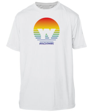 White sun shirt with sunset and yacht wife logo, UPF 50+ protection, short sleeve.