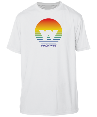 A white sun shirt with an image of a sunset.