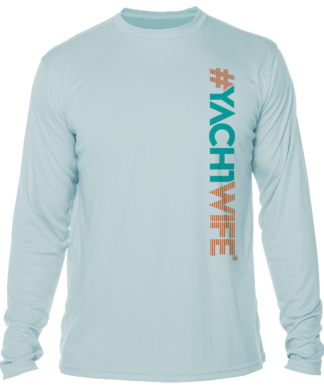 A long-sleeved swim shirt with the word yachtwife on it, providing UPF sun protection.