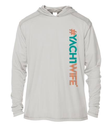 A grey rash guard with the word yachtwife on it.