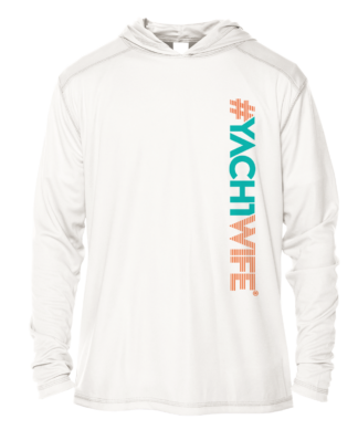 A white hoodie with the word yachtwife on it, serving as a stylish swim shirt.