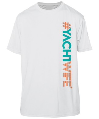 A white sun protective t-shirt with the word yachtwife on it.