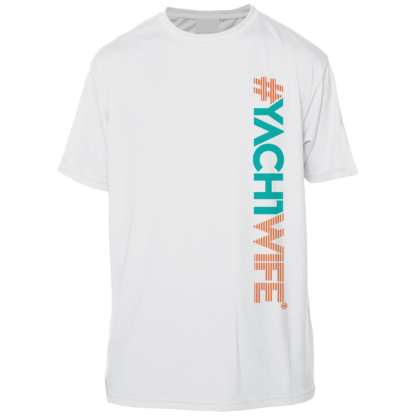 A white sun protective t-shirt with the word yachtwife on it.