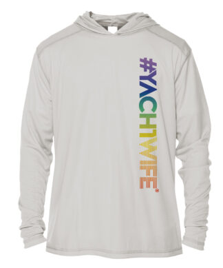 Yacht wife hoodie with rainbow #YachtWife print, UPF 50+ sun protection, perfect for sailing and out.